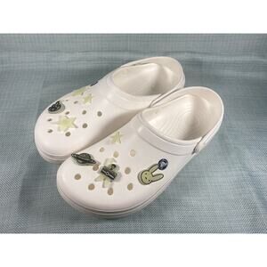 Crocs Crocband Triple White Mens sz 11 W/ Bad Bunny Croc Charms Glow Dark Clogs